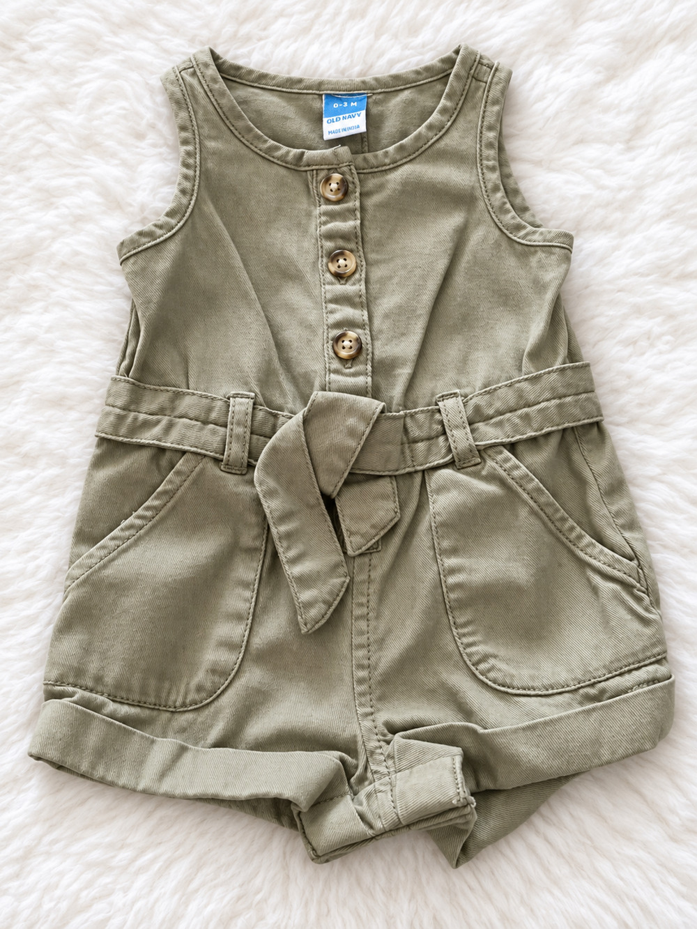 Old Navy Sleeveless Belted Baby Romper – 0–3 Months